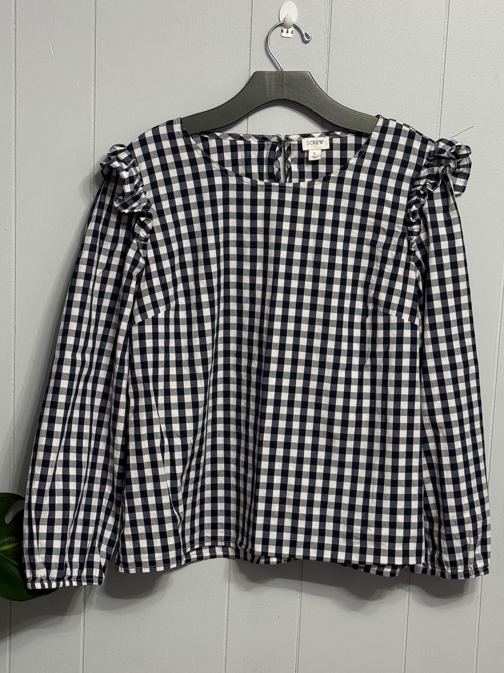 #17)  J. Crew Navy and White Gingham Ruffle Shoulder Blouse